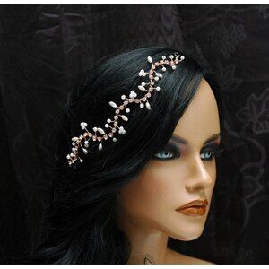 Bridal Pearls and Rose Gold Hair Vine Wedding Rhinestone Headpiece